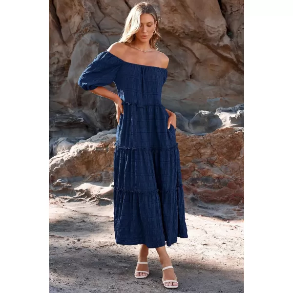 imagePRETTYGARDEN Womens Summer Maxi Dress Short Sleeve Square Neck Ruffle Tiered Flowy Casual Boho Long Dresses with PocketsNavy
