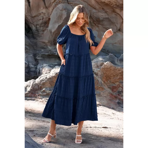 imagePRETTYGARDEN Womens Summer Maxi Dress Short Sleeve Square Neck Ruffle Tiered Flowy Casual Boho Long Dresses with PocketsNavy