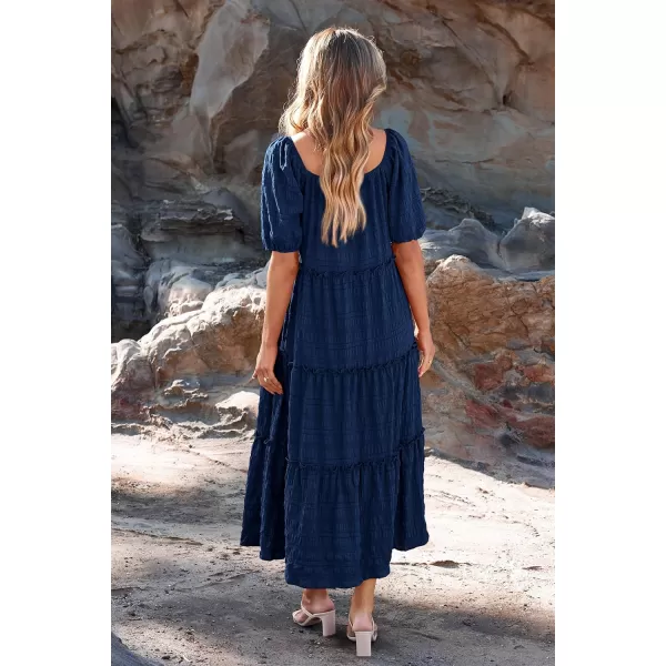 imagePRETTYGARDEN Womens Summer Maxi Dress Short Sleeve Square Neck Ruffle Tiered Flowy Casual Boho Long Dresses with PocketsNavy