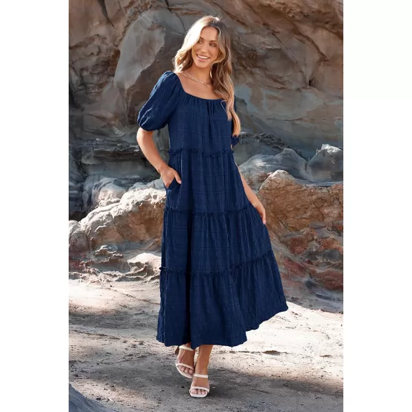 imagePRETTYGARDEN Womens Summer Maxi Dress Short Sleeve Square Neck Ruffle Tiered Flowy Casual Boho Long Dresses with PocketsNavy