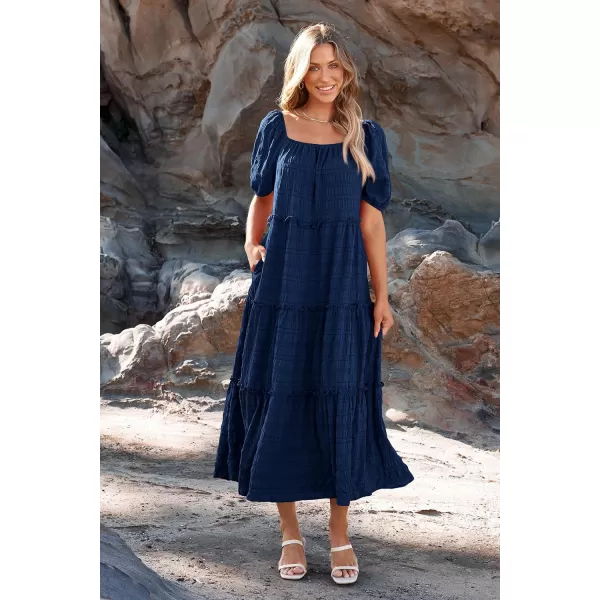 imagePRETTYGARDEN Womens Summer Maxi Dress Short Sleeve Square Neck Ruffle Tiered Flowy Casual Boho Long Dresses with PocketsNavy