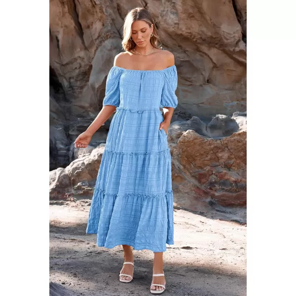 imagePRETTYGARDEN Womens Summer Maxi Dress Short Sleeve Square Neck Ruffle Tiered Flowy Casual Boho Long Dresses with PocketsSky Blue