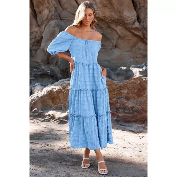 imagePRETTYGARDEN Womens Summer Maxi Dress Short Sleeve Square Neck Ruffle Tiered Flowy Casual Boho Long Dresses with PocketsSky Blue