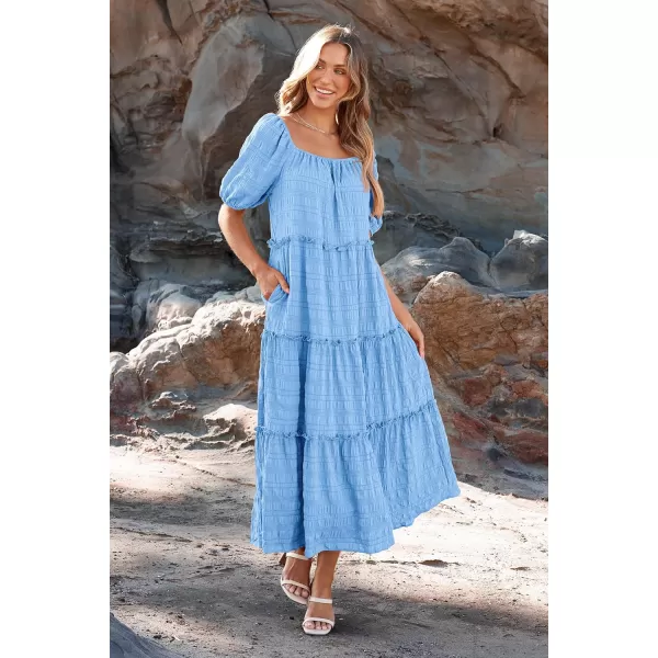 imagePRETTYGARDEN Womens Summer Maxi Dress Short Sleeve Square Neck Ruffle Tiered Flowy Casual Boho Long Dresses with PocketsSky Blue