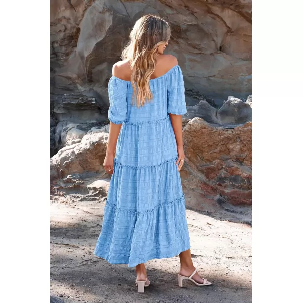 imagePRETTYGARDEN Womens Summer Maxi Dress Short Sleeve Square Neck Ruffle Tiered Flowy Casual Boho Long Dresses with PocketsSky Blue