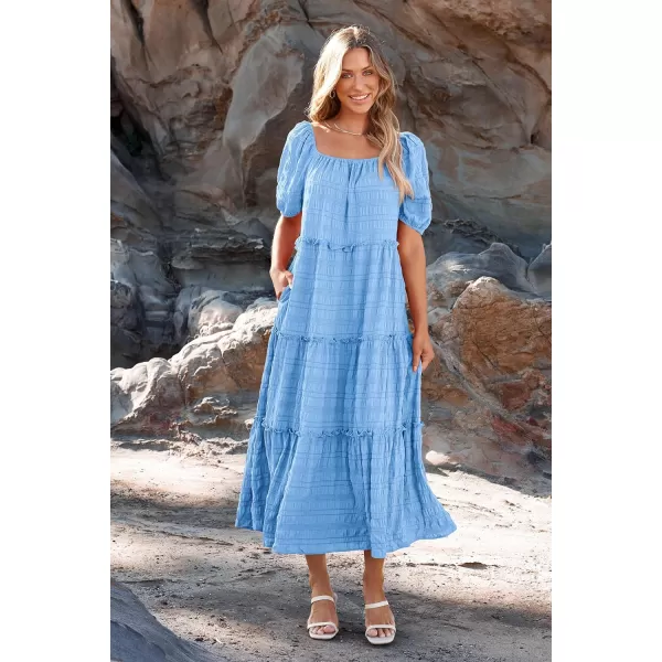 imagePRETTYGARDEN Womens Summer Maxi Dress Short Sleeve Square Neck Ruffle Tiered Flowy Casual Boho Long Dresses with PocketsSky Blue