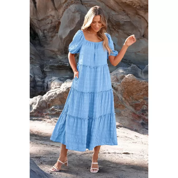 imagePRETTYGARDEN Womens Summer Maxi Dress Short Sleeve Square Neck Ruffle Tiered Flowy Casual Boho Long Dresses with PocketsSky Blue