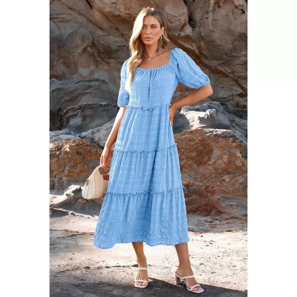 imagePRETTYGARDEN Womens Summer Maxi Dress Short Sleeve Square Neck Ruffle Tiered Flowy Casual Boho Long Dresses with PocketsSky Blue