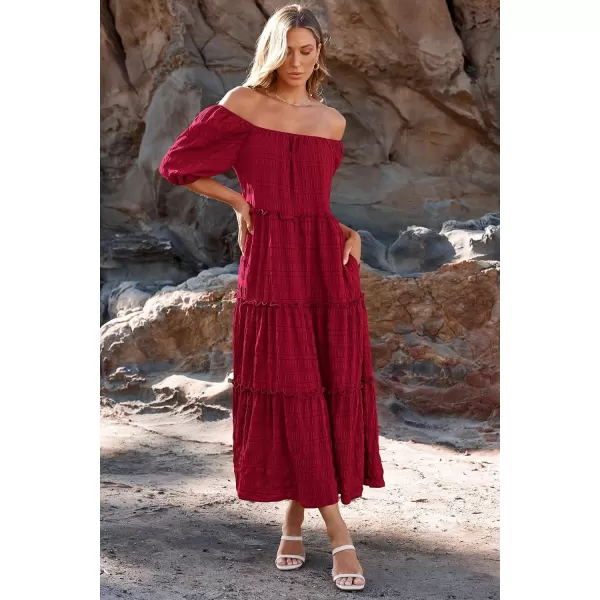 imagePRETTYGARDEN Womens Summer Maxi Dress Short Sleeve Square Neck Ruffle Tiered Flowy Casual Boho Long Dresses with PocketsWine Red