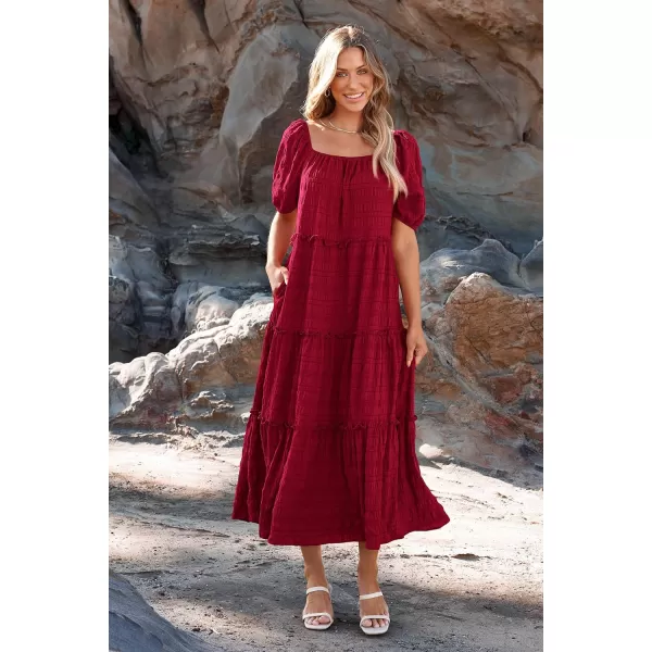 imagePRETTYGARDEN Womens Summer Maxi Dress Short Sleeve Square Neck Ruffle Tiered Flowy Casual Boho Long Dresses with PocketsWine Red
