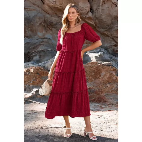 imagePRETTYGARDEN Womens Summer Maxi Dress Short Sleeve Square Neck Ruffle Tiered Flowy Casual Boho Long Dresses with PocketsWine Red