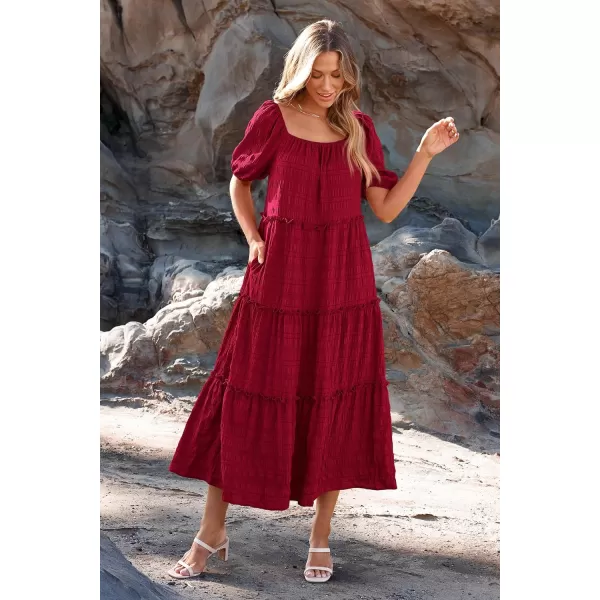 imagePRETTYGARDEN Womens Summer Maxi Dress Short Sleeve Square Neck Ruffle Tiered Flowy Casual Boho Long Dresses with PocketsWine Red