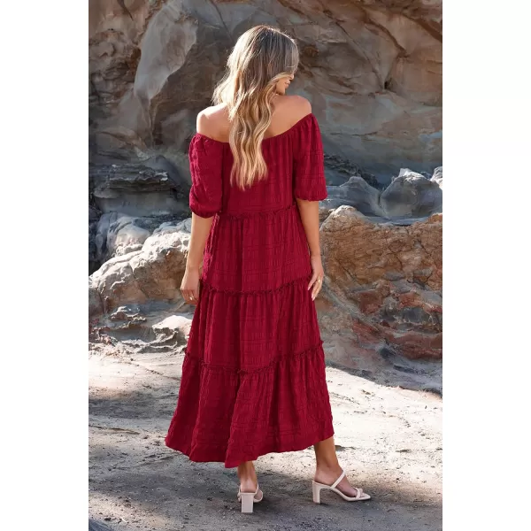 imagePRETTYGARDEN Womens Summer Maxi Dress Short Sleeve Square Neck Ruffle Tiered Flowy Casual Boho Long Dresses with PocketsWine Red