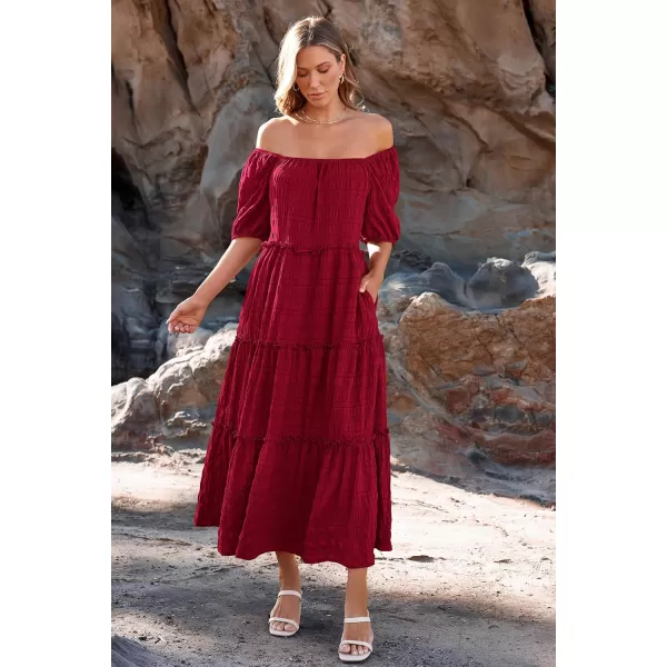 imagePRETTYGARDEN Womens Summer Maxi Dress Short Sleeve Square Neck Ruffle Tiered Flowy Casual Boho Long Dresses with PocketsWine Red