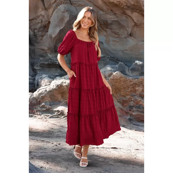 imagePRETTYGARDEN Womens Summer Maxi Dress Short Sleeve Square Neck Ruffle Tiered Flowy Casual Boho Long Dresses with PocketsWine Red