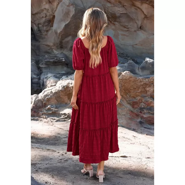 imagePRETTYGARDEN Womens Summer Maxi Dress Short Sleeve Square Neck Ruffle Tiered Flowy Casual Boho Long Dresses with PocketsWine Red