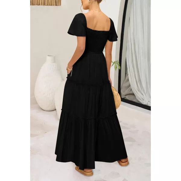 imagePRETTYGARDEN Womens Summer Maxi Dress Short Sleeve Square Neck Smocked Tiered Ruffle Long Flowy Boho Dresses with PocketsBlack