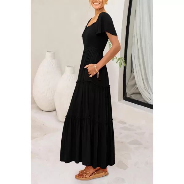 imagePRETTYGARDEN Womens Summer Maxi Dress Short Sleeve Square Neck Smocked Tiered Ruffle Long Flowy Boho Dresses with PocketsBlack