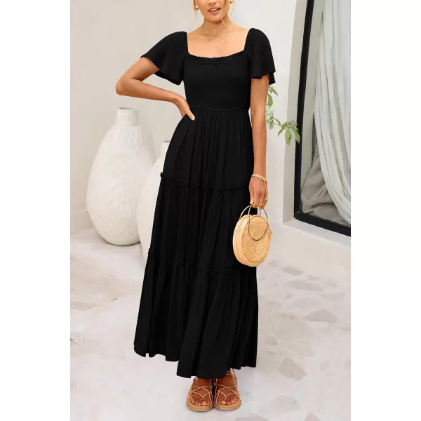 imagePRETTYGARDEN Womens Summer Maxi Dress Short Sleeve Square Neck Smocked Tiered Ruffle Long Flowy Boho Dresses with PocketsBlack