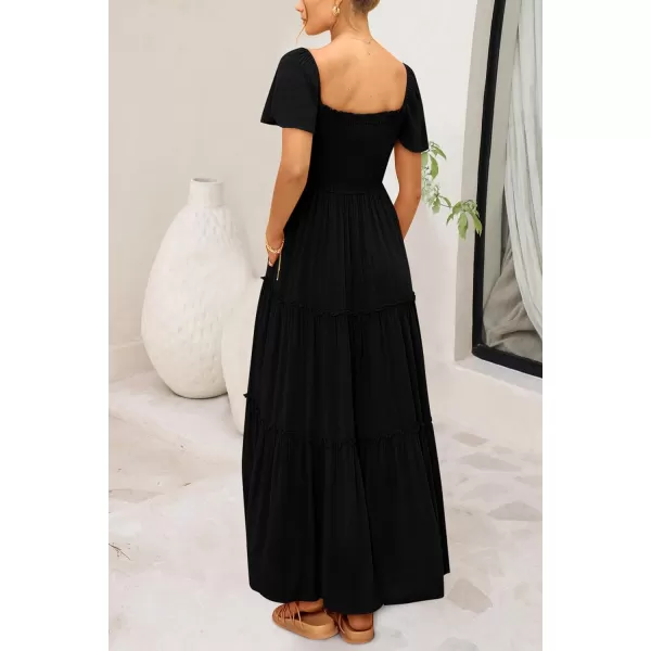 imagePRETTYGARDEN Womens Summer Maxi Dress Short Sleeve Square Neck Smocked Tiered Ruffle Long Flowy Boho Dresses with PocketsBlack