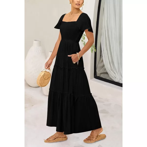 imagePRETTYGARDEN Womens Summer Maxi Dress Short Sleeve Square Neck Smocked Tiered Ruffle Long Flowy Boho Dresses with PocketsBlack