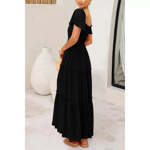 imagePRETTYGARDEN Womens Summer Maxi Dress Short Sleeve Square Neck Smocked Tiered Ruffle Long Flowy Boho Dresses with PocketsBlack