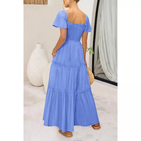 imagePRETTYGARDEN Womens Summer Maxi Dress Short Sleeve Square Neck Smocked Tiered Ruffle Long Flowy Boho Dresses with PocketsBlue