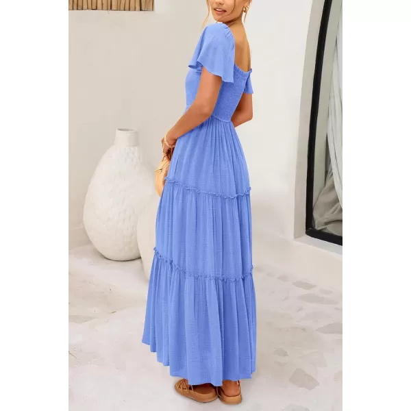 imagePRETTYGARDEN Womens Summer Maxi Dress Short Sleeve Square Neck Smocked Tiered Ruffle Long Flowy Boho Dresses with PocketsBlue