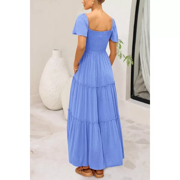 imagePRETTYGARDEN Womens Summer Maxi Dress Short Sleeve Square Neck Smocked Tiered Ruffle Long Flowy Boho Dresses with PocketsBlue