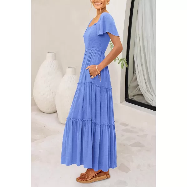 imagePRETTYGARDEN Womens Summer Maxi Dress Short Sleeve Square Neck Smocked Tiered Ruffle Long Flowy Boho Dresses with PocketsBlue