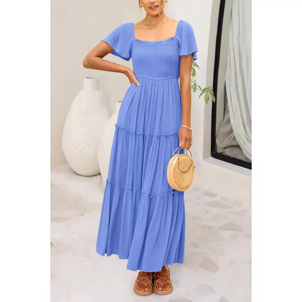 imagePRETTYGARDEN Womens Summer Maxi Dress Short Sleeve Square Neck Smocked Tiered Ruffle Long Flowy Boho Dresses with PocketsBlue