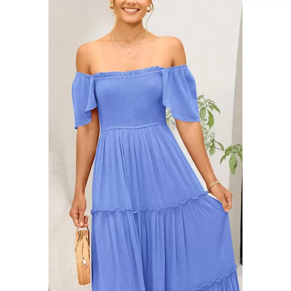 imagePRETTYGARDEN Womens Summer Maxi Dress Short Sleeve Square Neck Smocked Tiered Ruffle Long Flowy Boho Dresses with PocketsBlue