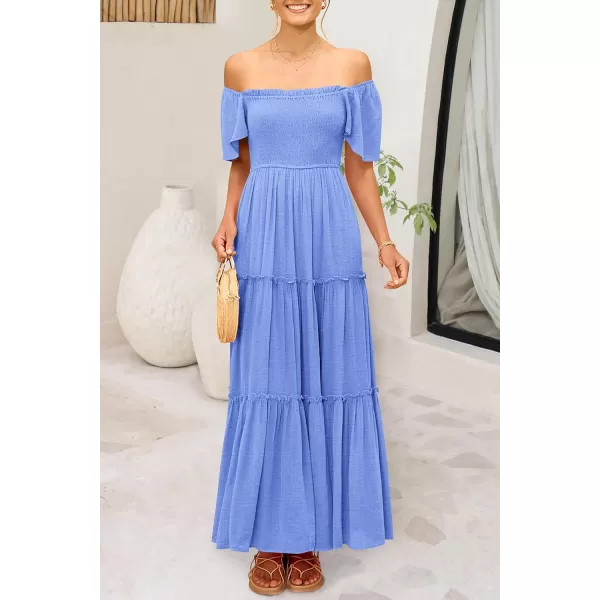 imagePRETTYGARDEN Womens Summer Maxi Dress Short Sleeve Square Neck Smocked Tiered Ruffle Long Flowy Boho Dresses with PocketsBlue