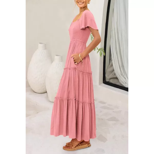 imagePRETTYGARDEN Womens Summer Maxi Dress Short Sleeve Square Neck Smocked Tiered Ruffle Long Flowy Boho Dresses with PocketsPink
