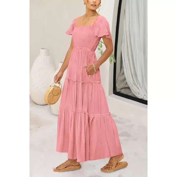 imagePRETTYGARDEN Womens Summer Maxi Dress Short Sleeve Square Neck Smocked Tiered Ruffle Long Flowy Boho Dresses with PocketsPink