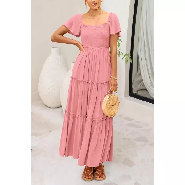 imagePRETTYGARDEN Womens Summer Maxi Dress Short Sleeve Square Neck Smocked Tiered Ruffle Long Flowy Boho Dresses with PocketsPink