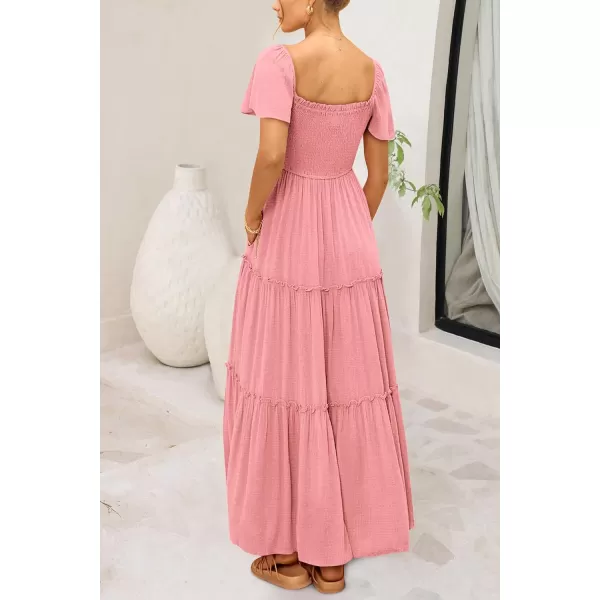 imagePRETTYGARDEN Womens Summer Maxi Dress Short Sleeve Square Neck Smocked Tiered Ruffle Long Flowy Boho Dresses with PocketsPink
