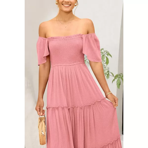 imagePRETTYGARDEN Womens Summer Maxi Dress Short Sleeve Square Neck Smocked Tiered Ruffle Long Flowy Boho Dresses with PocketsPink