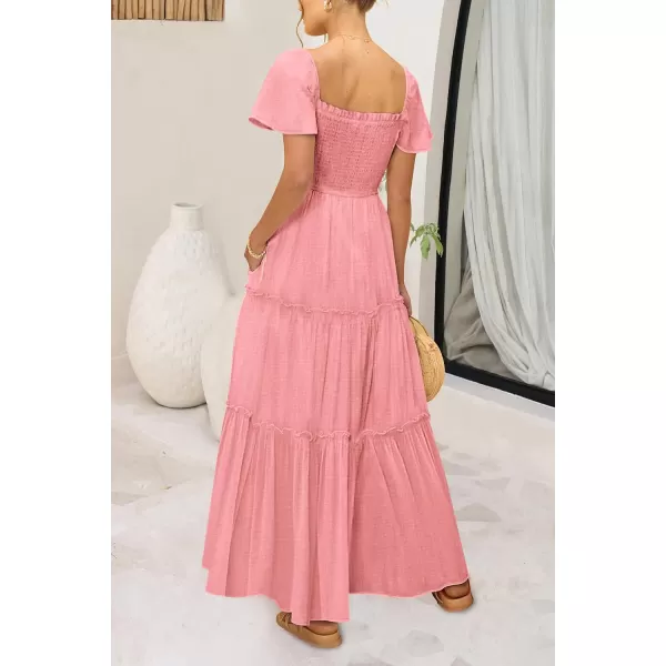 imagePRETTYGARDEN Womens Summer Maxi Dress Short Sleeve Square Neck Smocked Tiered Ruffle Long Flowy Boho Dresses with PocketsPink