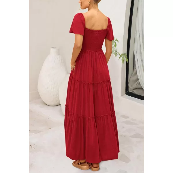 imagePRETTYGARDEN Womens Summer Maxi Dress Short Sleeve Square Neck Smocked Tiered Ruffle Long Flowy Boho Dresses with PocketsRed
