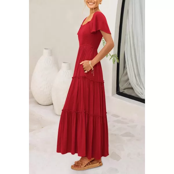 imagePRETTYGARDEN Womens Summer Maxi Dress Short Sleeve Square Neck Smocked Tiered Ruffle Long Flowy Boho Dresses with PocketsRed
