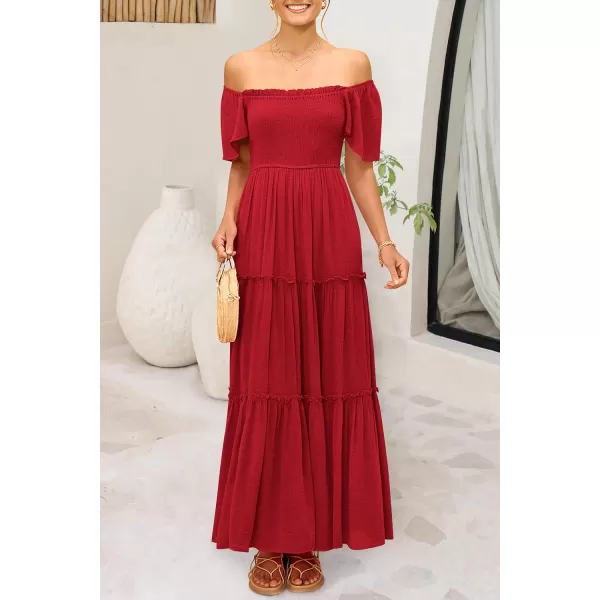 imagePRETTYGARDEN Womens Summer Maxi Dress Short Sleeve Square Neck Smocked Tiered Ruffle Long Flowy Boho Dresses with PocketsRed