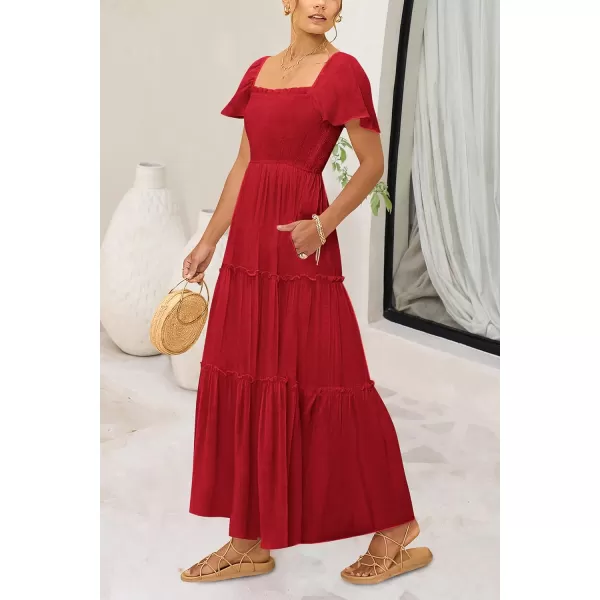 imagePRETTYGARDEN Womens Summer Maxi Dress Short Sleeve Square Neck Smocked Tiered Ruffle Long Flowy Boho Dresses with PocketsRed