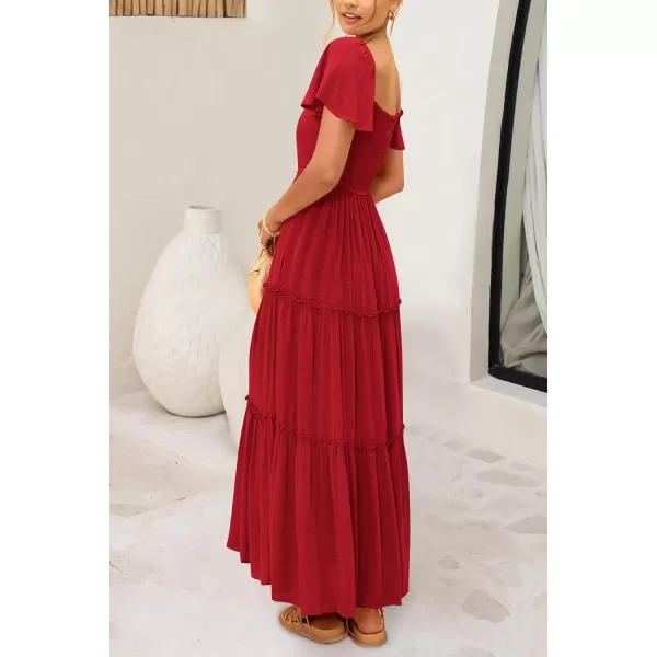 imagePRETTYGARDEN Womens Summer Maxi Dress Short Sleeve Square Neck Smocked Tiered Ruffle Long Flowy Boho Dresses with PocketsRed