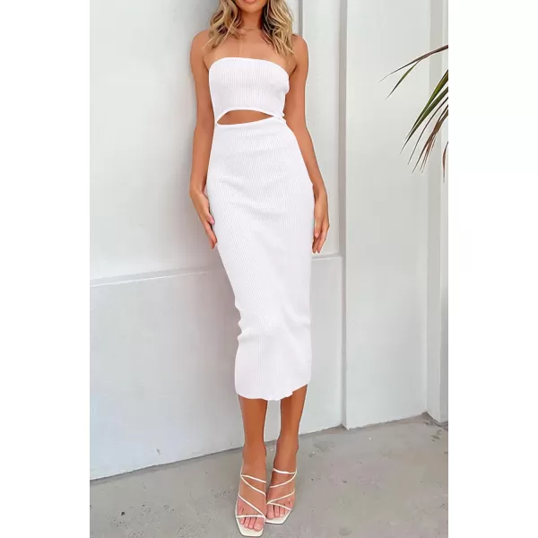 imagePRETTYGARDEN Womens Summer Midi Bodycon Dress Strapless Cut Out Knit Tube Long Fitted DressesSolid Beige White