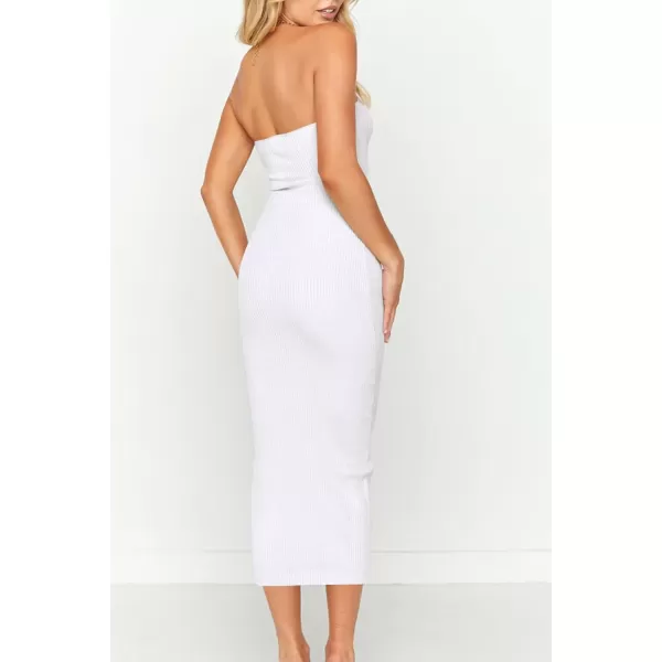 imagePRETTYGARDEN Womens Summer Midi Bodycon Dress Strapless Cut Out Knit Tube Long Fitted DressesSolid Beige White