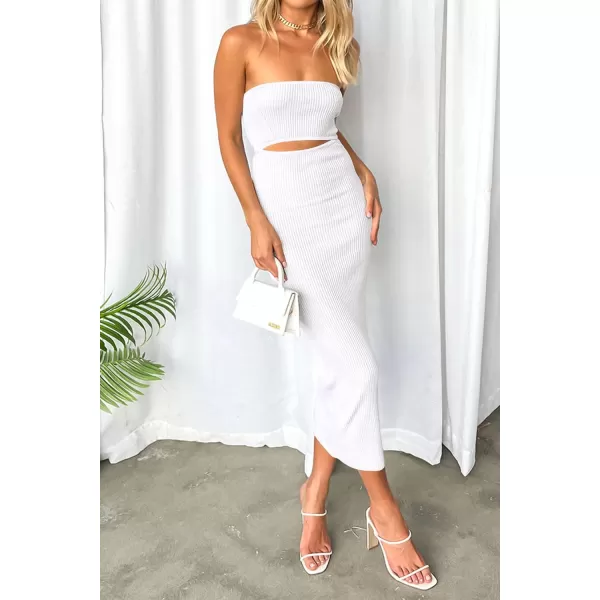 imagePRETTYGARDEN Womens Summer Midi Bodycon Dress Strapless Cut Out Knit Tube Long Fitted DressesSolid Beige White