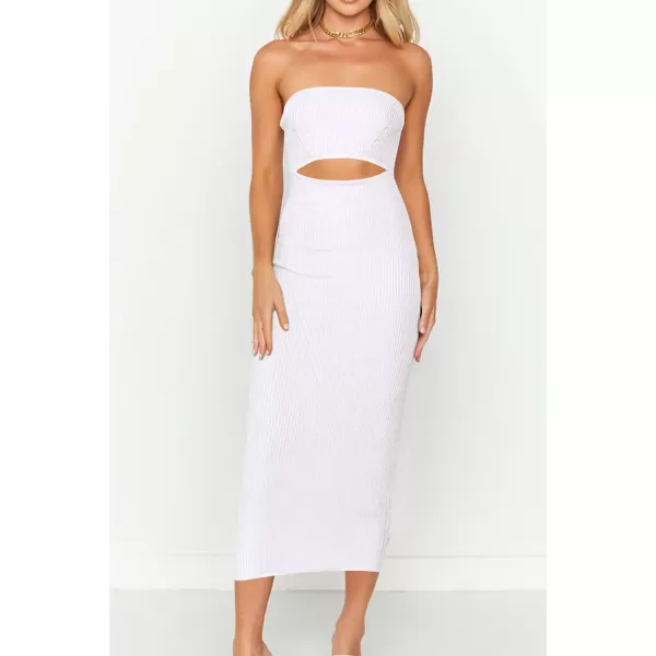 imagePRETTYGARDEN Womens Summer Midi Bodycon Dress Strapless Cut Out Knit Tube Long Fitted DressesSolid Beige White