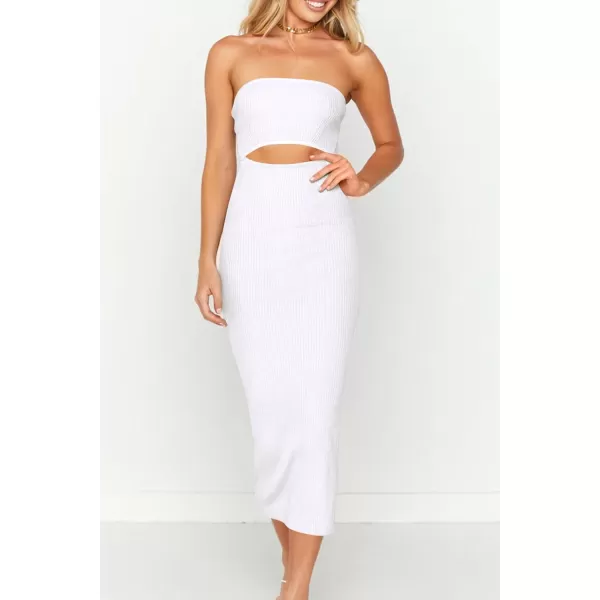 imagePRETTYGARDEN Womens Summer Midi Bodycon Dress Strapless Cut Out Knit Tube Long Fitted DressesSolid Beige White