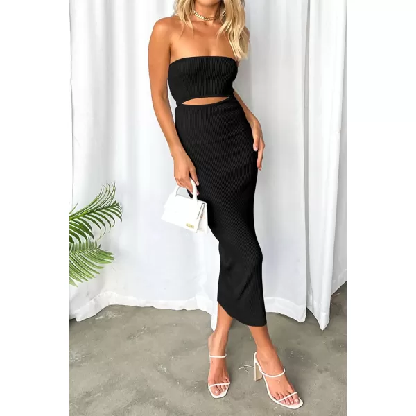 imagePRETTYGARDEN Womens Summer Midi Bodycon Dress Strapless Cut Out Knit Tube Long Fitted DressesSolid Black